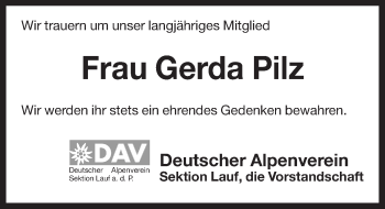 Traueranzeige von Gerda Pilz von Pegnitz-Zeitung